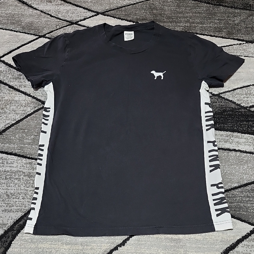 VS PINK 2018 BLACK CAMPUS CREW DOG & SIDE SCRIPT COTTON SHORT-SLEEVE TEE-SHIRT
